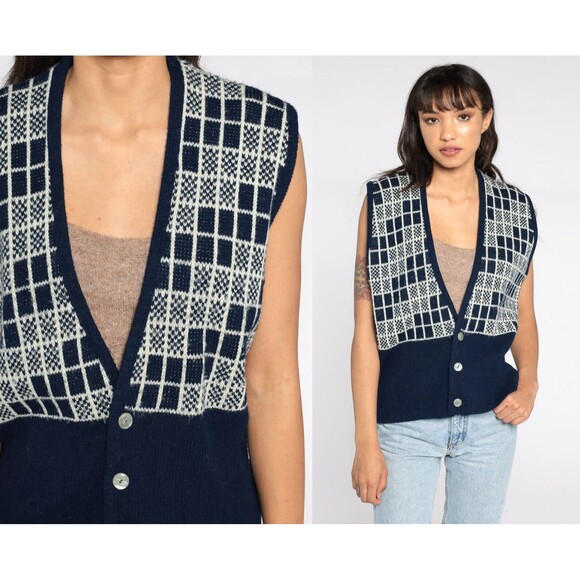 Heritage Sportswear  Knit Vest Grid sleeves 80s Vintage Nerd Size M - Picture 1 of 7
